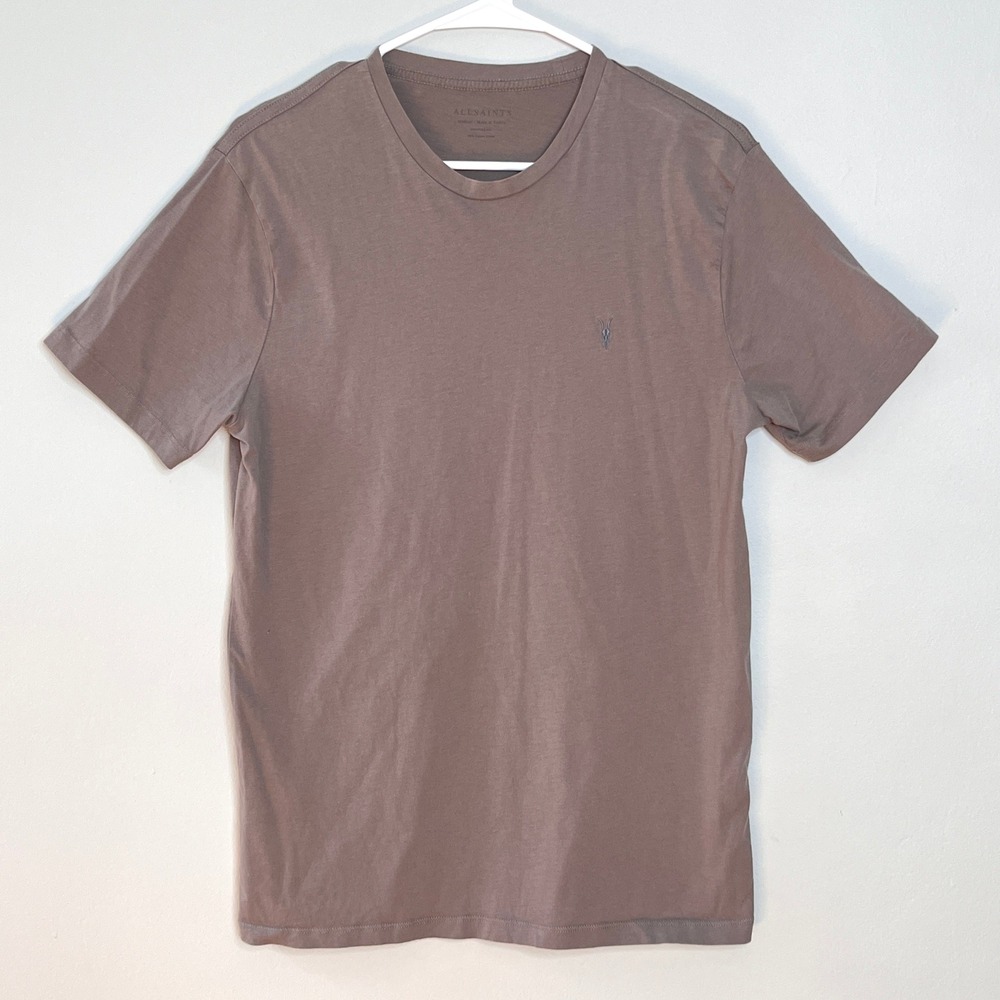 ALLSAINTS Mens Crew Neck T Shirt Short‎ Sleeve Taupe Embroidered Logo Size M